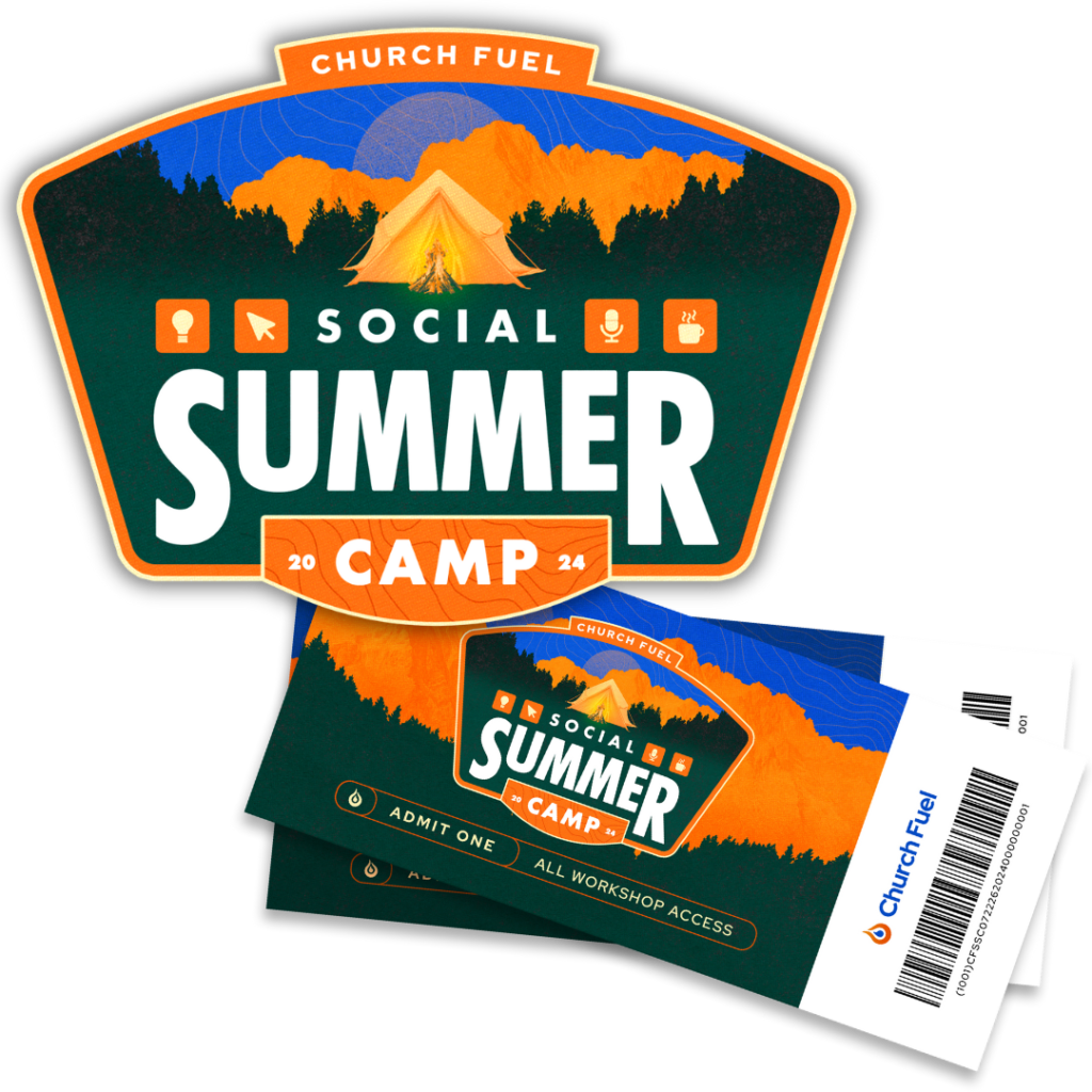Outdoor church summer camp badge with tents and mountains, promoting faith-based youth activities.