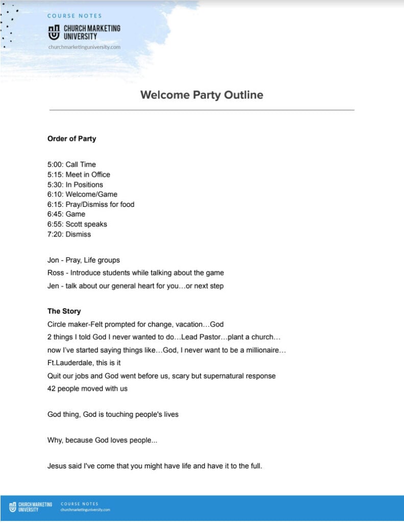 Welcome Party Outline - Church Fuel