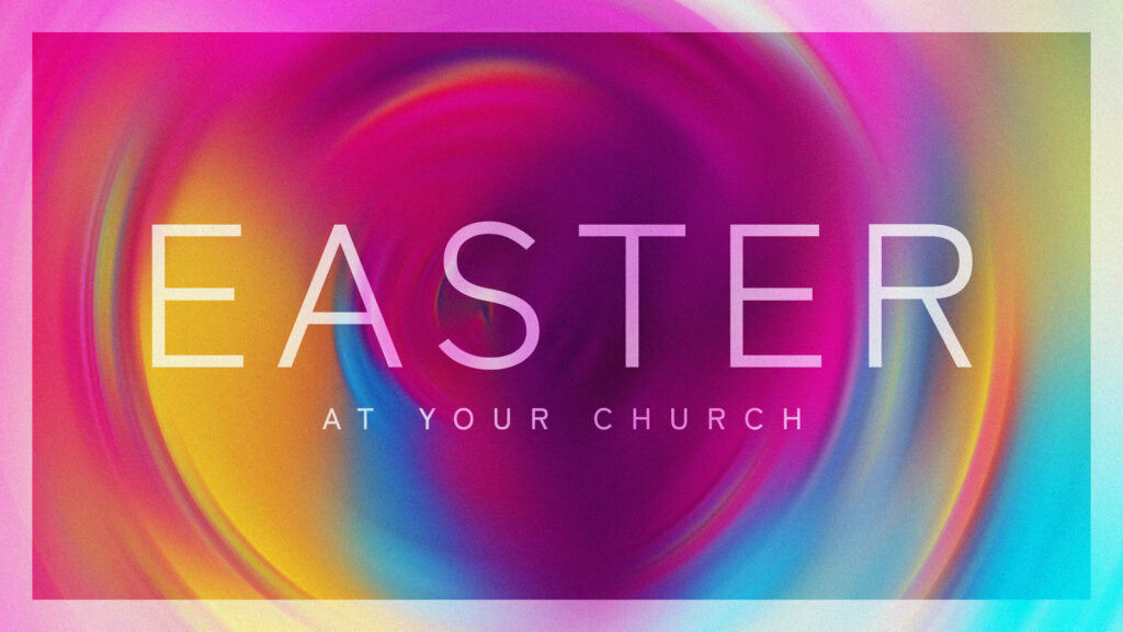 Colorful Easter church holiday graphic with vibrant abstract background.