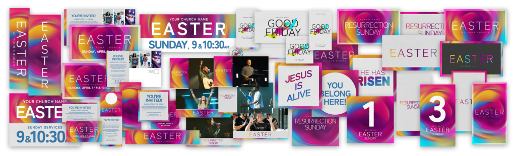 Easter church celebration promotional graphics with vibrant colors and event details.