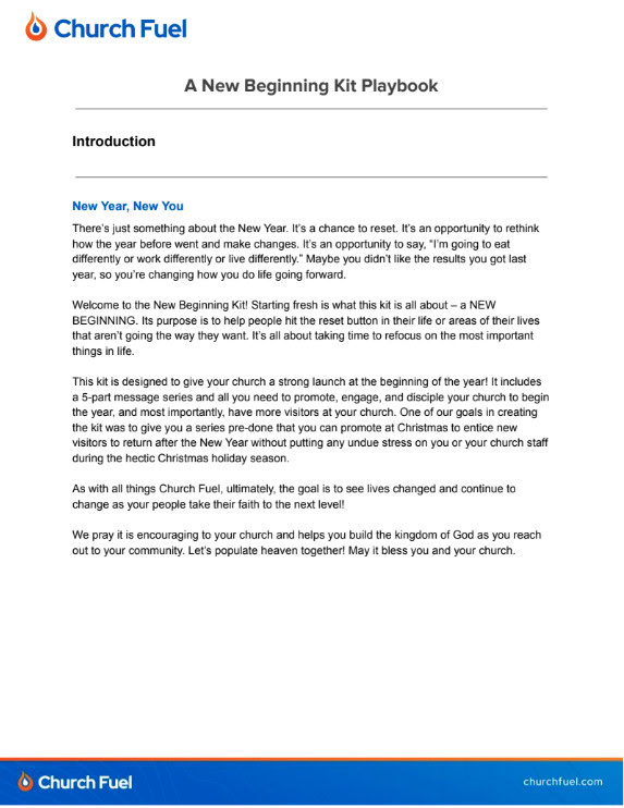 1. Church Fuel New Beginning Kit Playbook for churches and ministries.