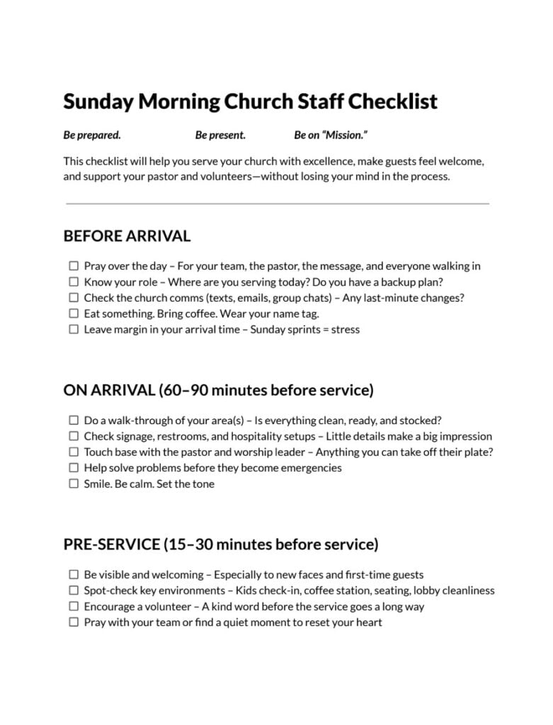 Sunday Morning Church Staff Checklist - Church Fuel