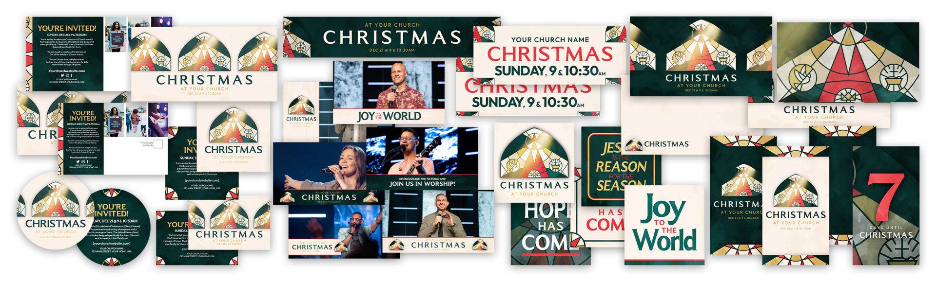 A collage of Church Fuel Christmas kit designs: invite cards, signs, social graphics, and branding