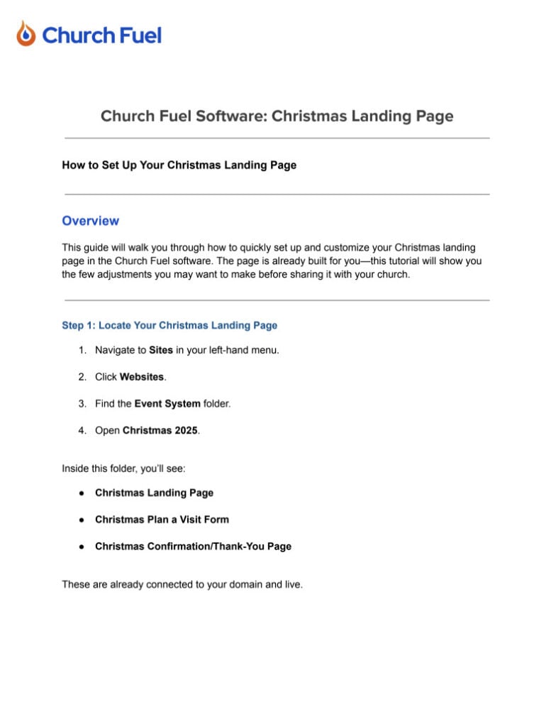 Church Fuel software Christmas landing page for church website setup and customization.