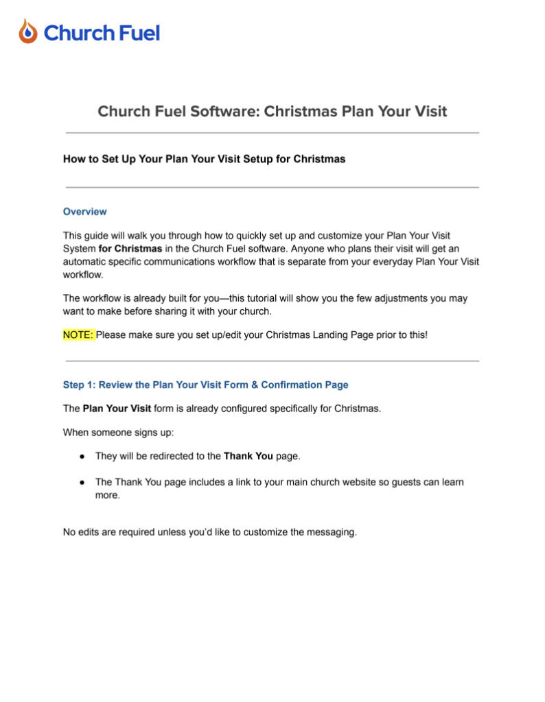 Church Fuel software Christmas planning guide for church visit setup.