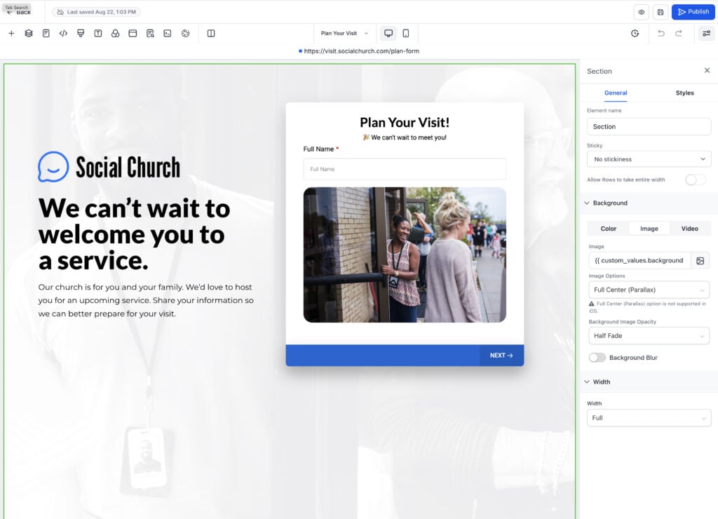 Volunteer smiling at church entrance, welcoming new visitors.