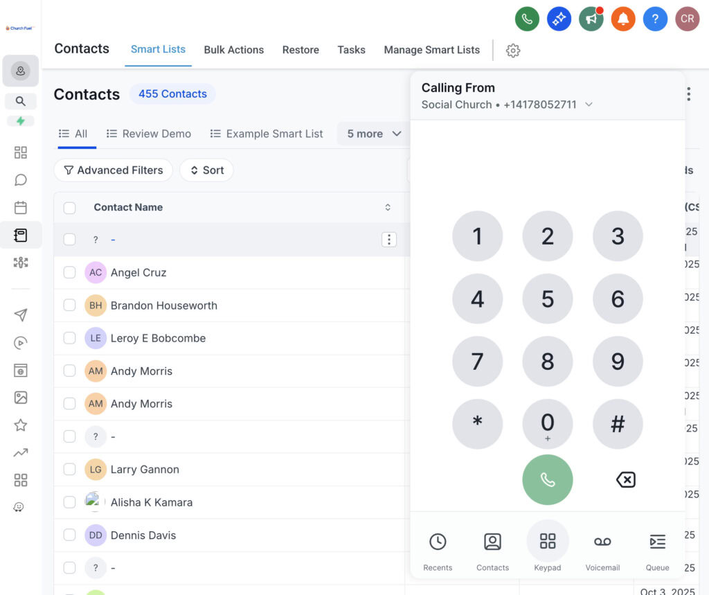 Community church contact list screenshot for church communication and engagement.