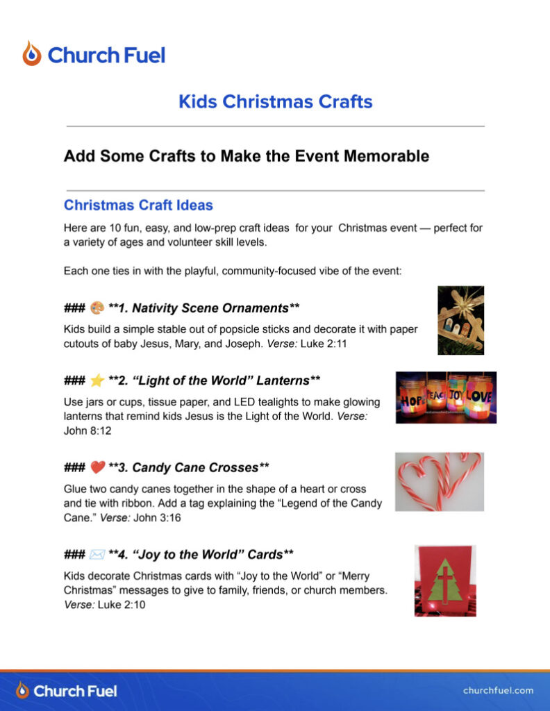 Kids Christmas crafts ideas for church events, including ornaments, lanterns, crosses, and holiday cards.