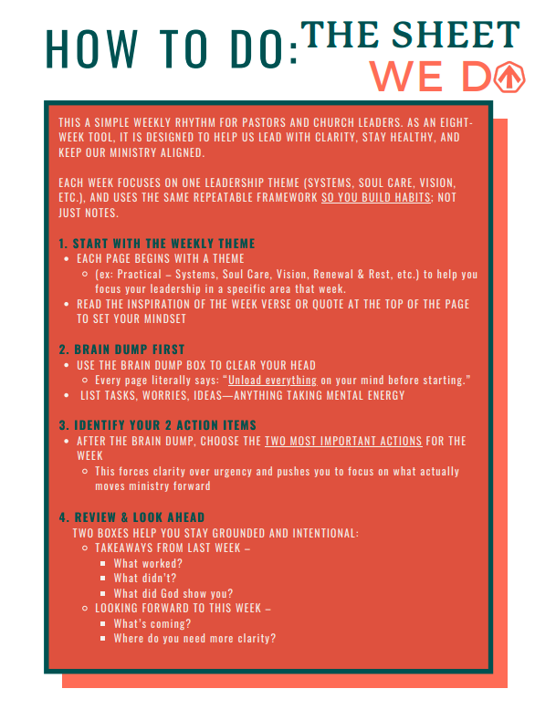 Church leadership weekly planning guide for pastors and church leaders.