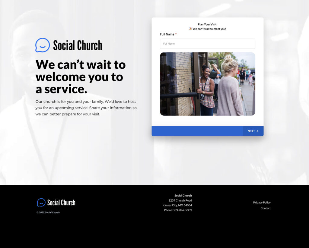 Friendly church visit sign-up form for welcoming new members and church service planning.