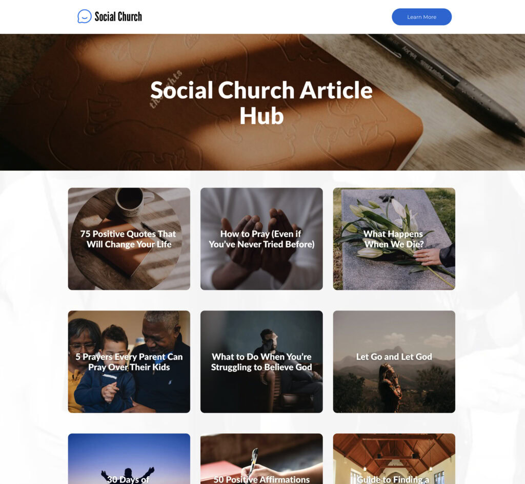 1. Social church articles on faith, prayer, and inspiration for spiritual growth.