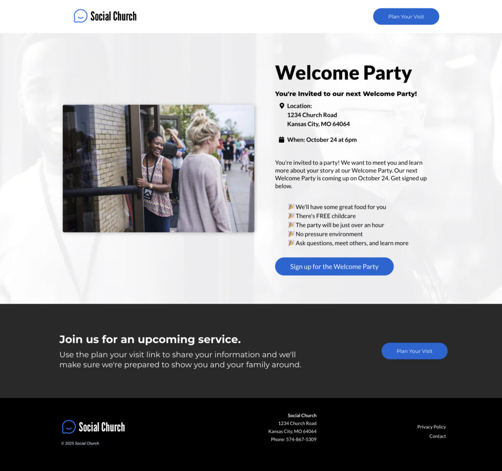 Happy people greeting outside church entrance for welcome event.