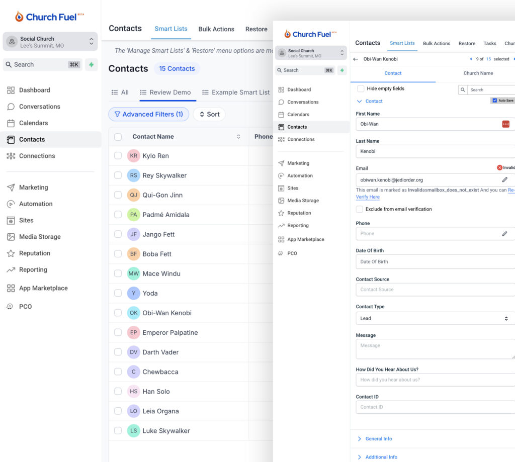 Contact management interface for church congregation outreach and communication.
