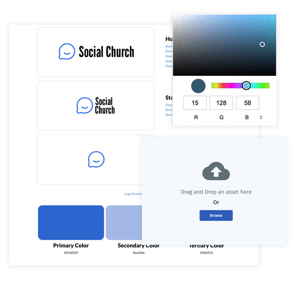Social church logo design, branding, and customization interface for church logos and identity.