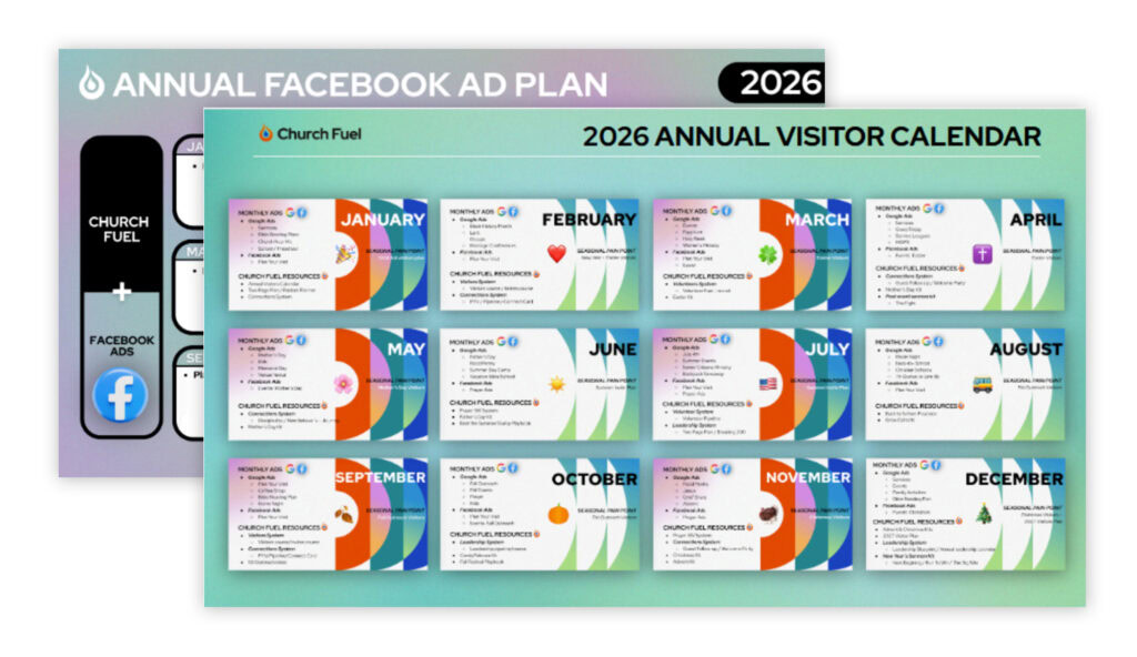 Annual church marketing and visitor calendar for 2026 with resources and social media tips.