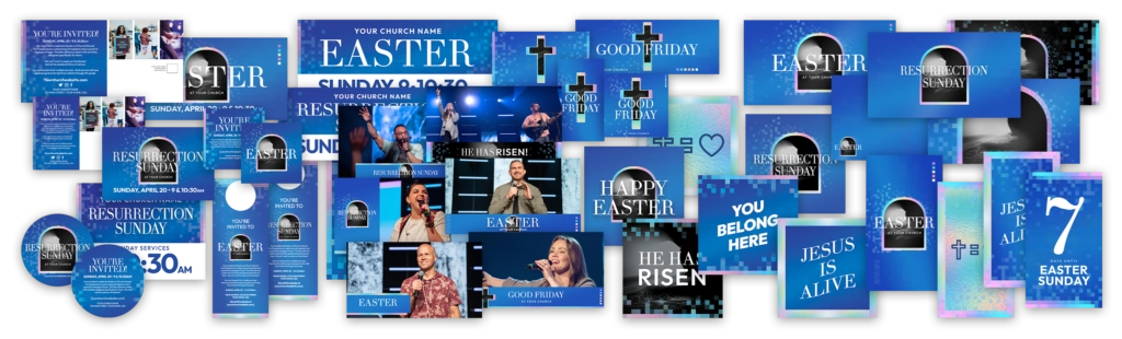 Easter church event flyers and promotional graphics for Resurrection Sunday and Good Friday.