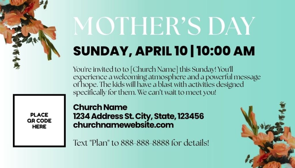 Mother's Day event with teal floral design, celebrating moms on April 10 at 10:00 AM. Join us for a.