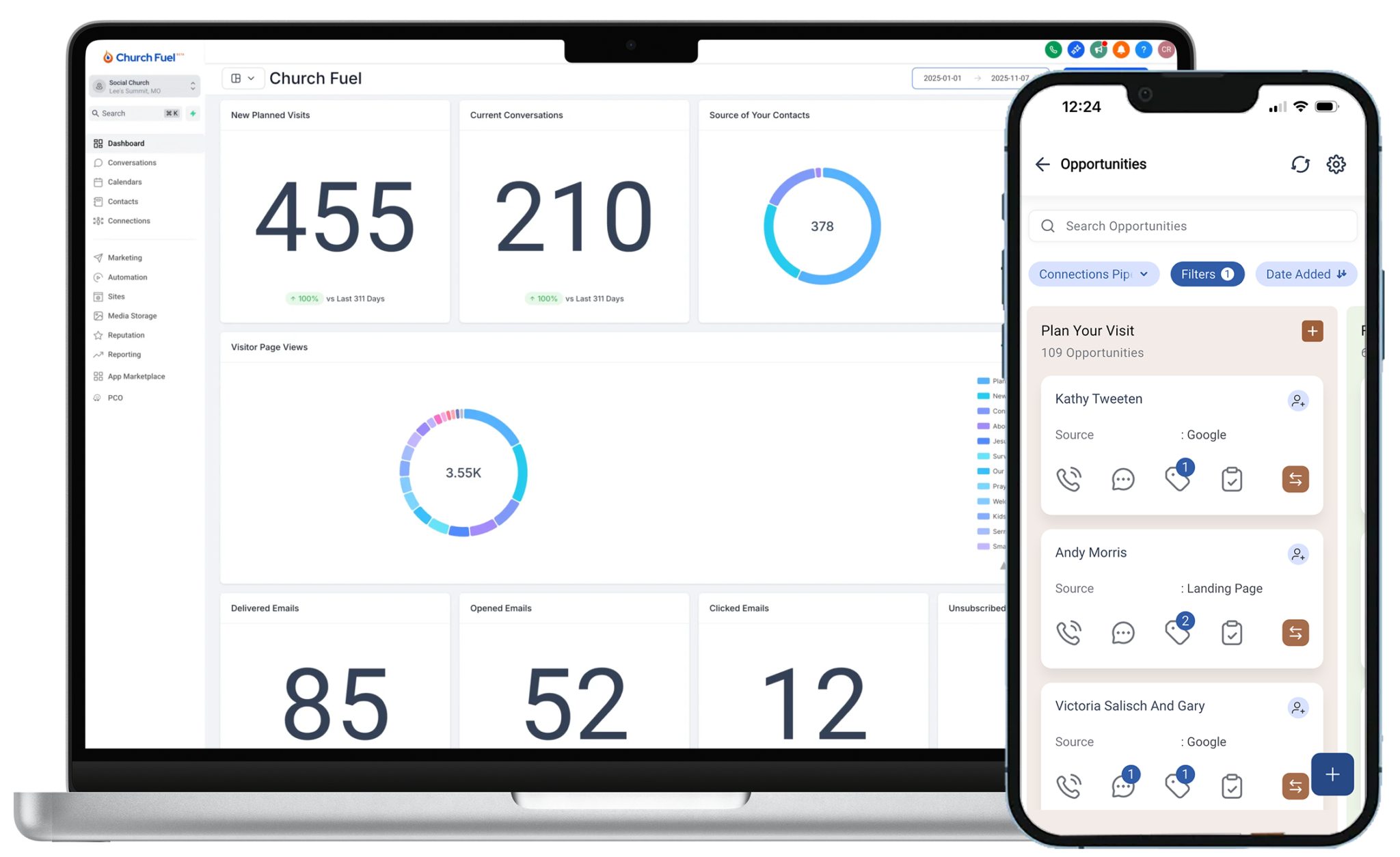 Church Fuel software interface showing analytics and contact management tools.