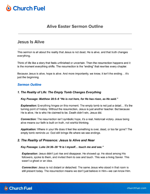 Easter sermon outline emphasizing Jesus is alive and the significance of the resurrection.