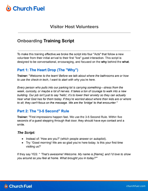 Onboarding Volunteer Training Script for Guest Interaction.