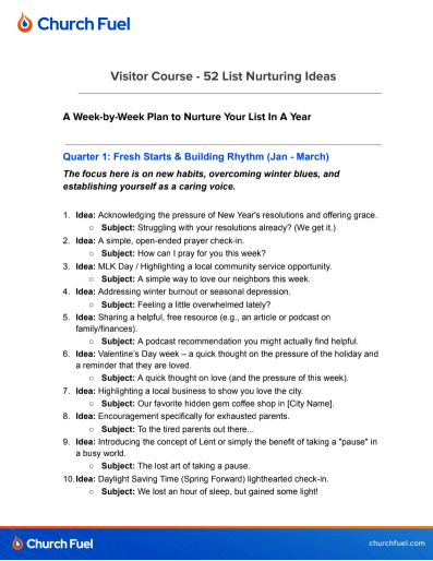 Church Fuel logo and title for "52 List Nurturing Ideas" post.