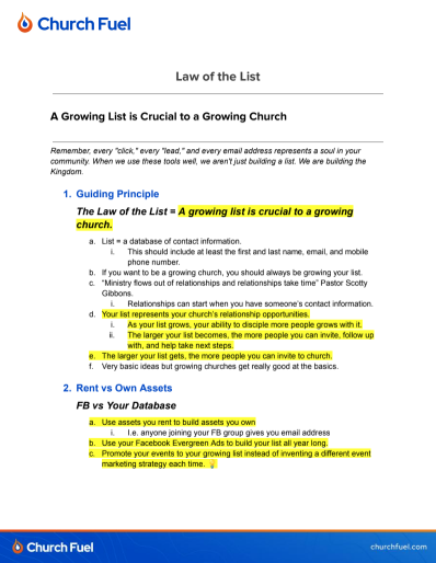 Church Fuel logo with "Law of the List" title and list highlights.